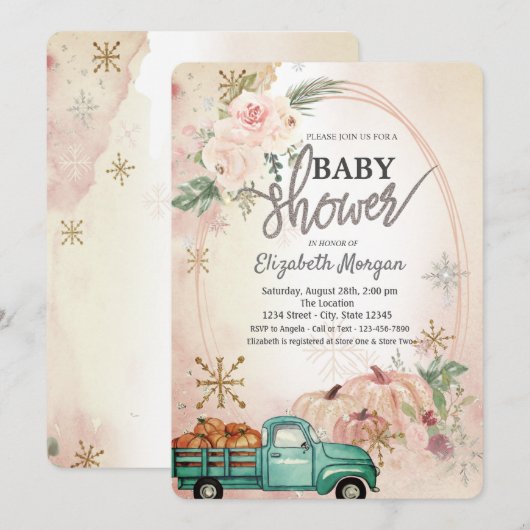 Pumpkin Green Truck, Rozen, Snowflakes Baby shower Kaart (Voorkant / Achterkant)