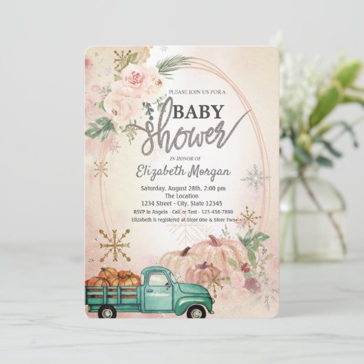Pumpkin Green Truck, Rozen, Snowflakes Baby shower Kaart (Staand voorkant)