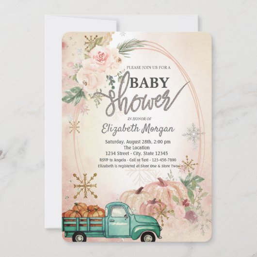 Pumpkin Green Truck, Rozen, Snowflakes Baby shower Kaart (Voorkant)