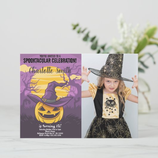 Pumpkin Halloween Birthday-uitnodigingen met foto Kaart (Staand voorkant)