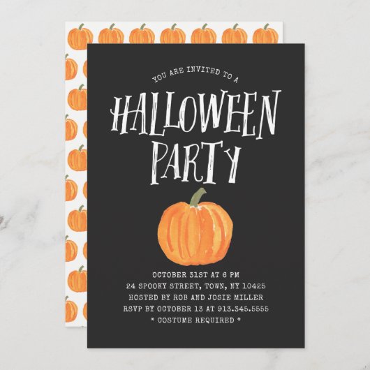 Pumpkin Halloween Party Invitation Black Kaart (Voorkant / Achterkant)