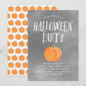 Pumpkin Halloween Party Invitation Grey Waterverf Kaart (Voorkant / Achterkant)