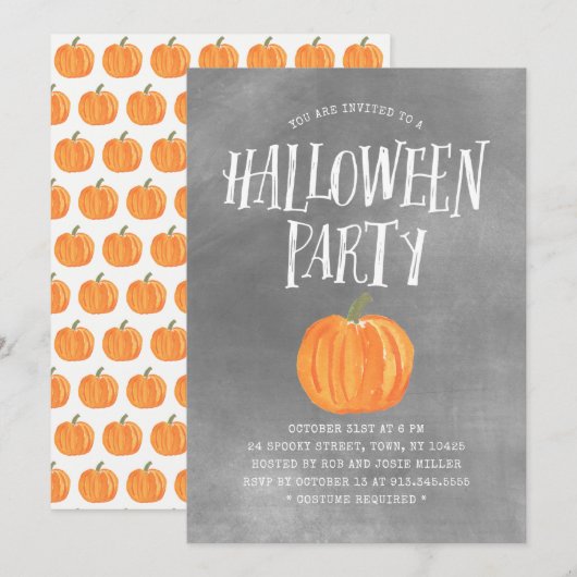 Pumpkin Halloween Party Invitation Grey Waterverf Kaart (Voorkant / Achterkant)