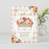 Pumpkin Harvest Brown Gingham Herfst Y'all Party Kaart (Staand voorkant)