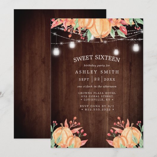 Pumpkin Harvest Waterverf Autumn Lights Sweet 16 Kaart (Voorkant / Achterkant)