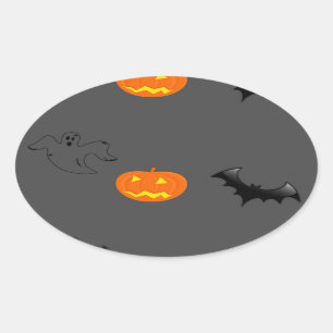 Pumpkin head, bat and ghost on gray ovale sticker