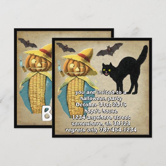 Pumpkin Head Black Cat Bats Halloween Party Invite Kaart (Voorkant / Achterkant)