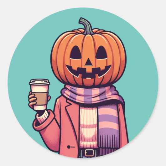 Pumpkin Head Coffee Herfst Seizoen Shirt Ronde Sticker (Voorkant)