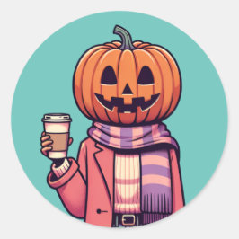 Pumpkin Head Coffee Herfst Seizoen Shirt Ronde Sticker