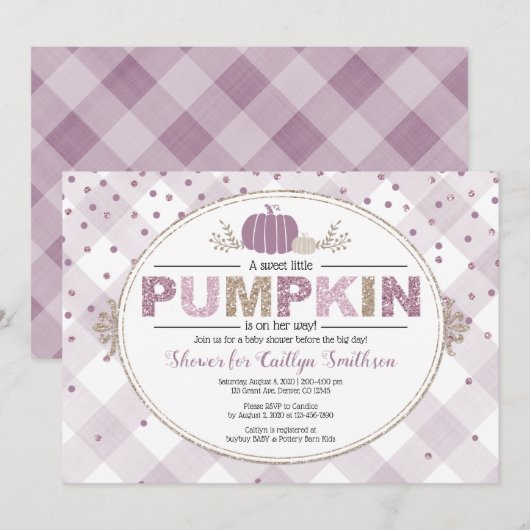 Pumpkin herfst baby shower gingham confetti paars kaart (Voorkant / Achterkant)