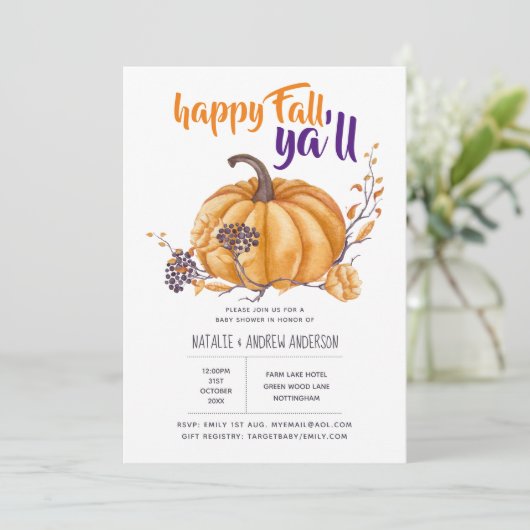 Pumpkin Herfst Baby shower Halloween Org/Purp Kaart (Staand voorkant)