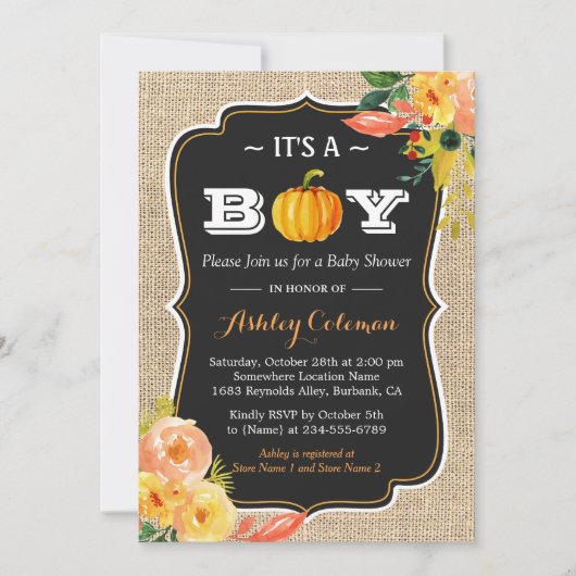 Pumpkin Herfst Baby shower Het is een jongen Rusti Kaart (Voorkant)
