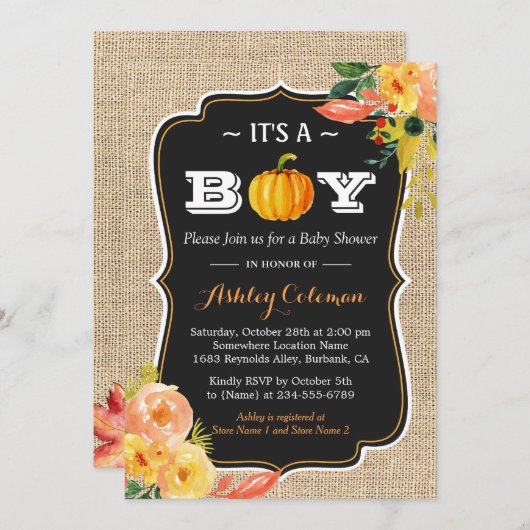 Pumpkin Herfst Baby shower Het is een jongen Rusti Kaart (Voorkant / Achterkant)