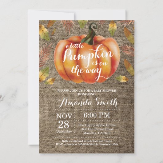 Pumpkin Herfst Baby shower Invitation Burlap Kaart (Voorkant)
