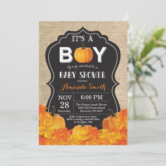 Pumpkin Herfst Baby shower-uitnodigingskaart Burla Kaart (Staand voorkant)