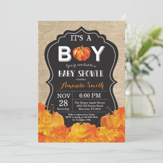 Pumpkin Herfst Baby shower-uitnodigingskaart Burla Kaart (Staand voorkant)