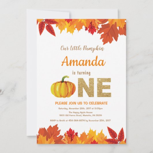 Pumpkin Herfst Birthday Invitation Gold Glitter Kaart (Voorkant)