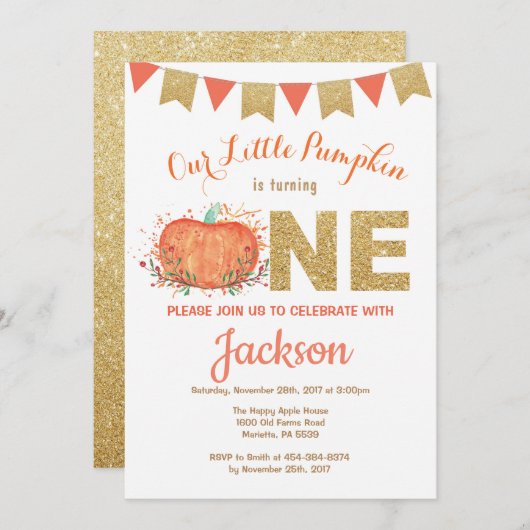 Pumpkin Herfst Birthday Invitation Gold Glitter Kaart (Voorkant / Achterkant)