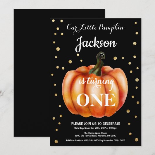 Pumpkin Herfst Birthday Invitation Gold Kaart (Voorkant / Achterkant)