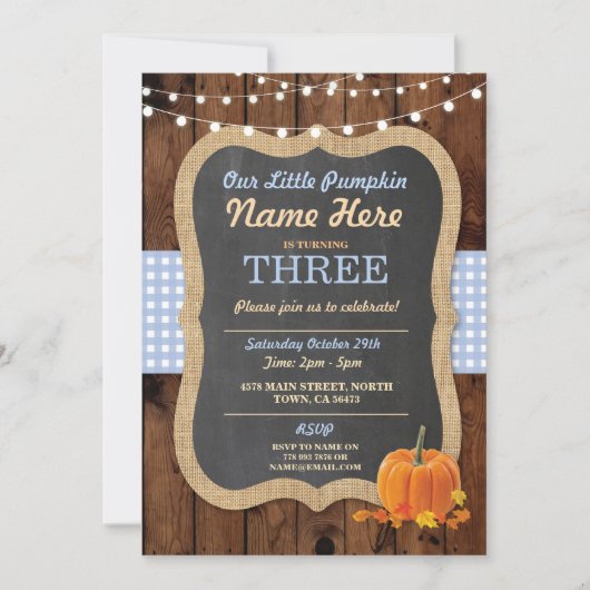 Pumpkin Herfst Birthday Party Boy Age Blue Invite Kaart (Voorkant)