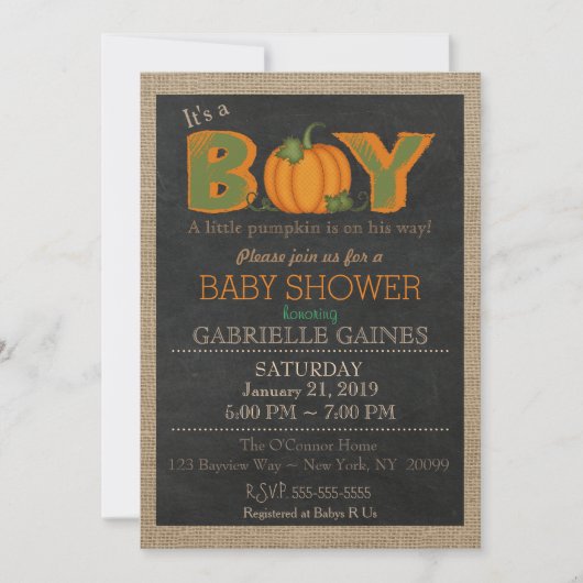 Pumpkin Herfst Boy Baby shower Land Uitnodiging (Voorkant)