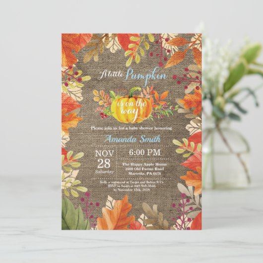 Pumpkin Herfst Burlap Boy Baby shower Kaart (Staand voorkant)