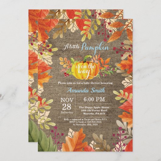 Pumpkin Herfst Burlap Boy Baby shower Kaart (Voorkant / Achterkant)