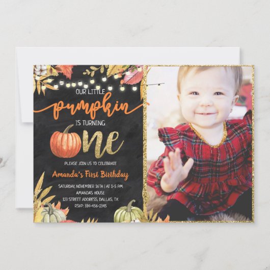 Pumpkin Herfst Chalkboard First Birthday Kaart (Voorkant)