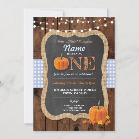 Pumpkin Herfst First Birthday Party Boy Invite Kaart (Voorkant)