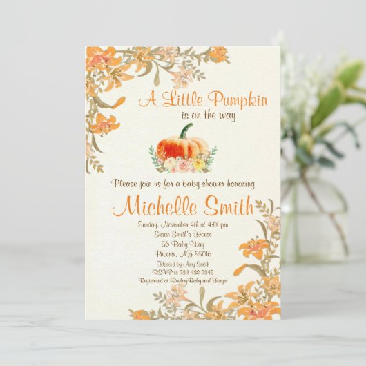 Pumpkin Herfst Floral Rustic Baby shower-uitnodigi Kaart (Staand voorkant)