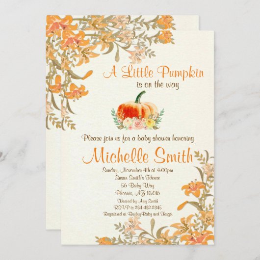Pumpkin Herfst Floral Rustic Baby shower-uitnodigi Kaart (Voorkant / Achterkant)