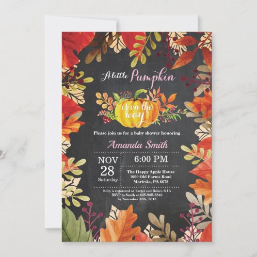 Pumpkin Herfst Girl Baby shower Invitation Kaart (Voorkant)