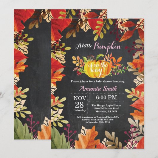 Pumpkin Herfst Girl Baby shower Invitation Kaart (Voorkant / Achterkant)