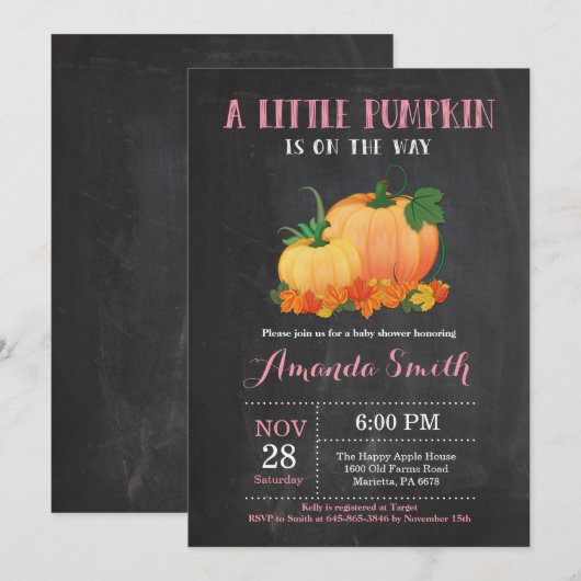 Pumpkin Herfst Girl Baby shower Invitation Kaart (Voorkant / Achterkant)