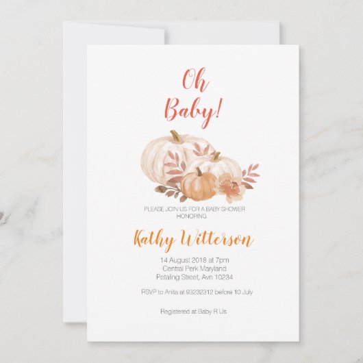 Pumpkin Herfst oh baby shower uitnodiging (Voorkant)