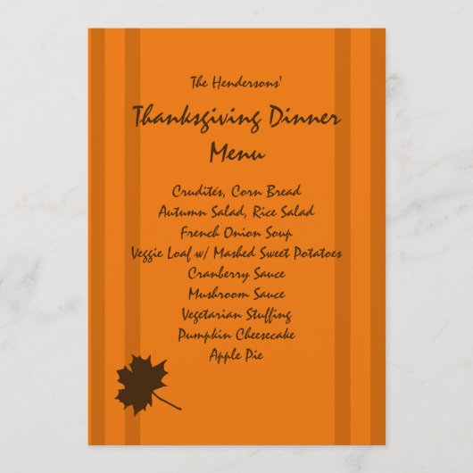 Pumpkin Herfst Stripes Thanksgiving Dinner Menu (Voorkant)