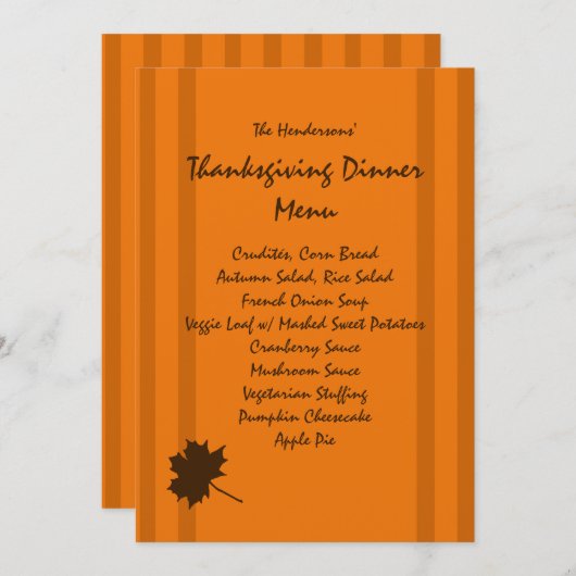 Pumpkin Herfst Stripes Thanksgiving Dinner Menu (Voorkant / Achterkant)