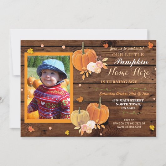 Pumpkin Herfst Wood Birthday Party ANY Age Invite Kaart (Voorkant)