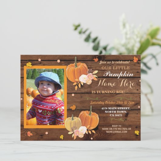 Pumpkin Herfst Wood Birthday Party ANY Age Invite Kaart (Staand voorkant)