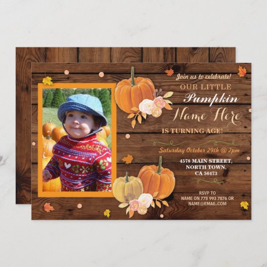 Pumpkin Herfst Wood Birthday Party ANY Age Invite Kaart (Voorkant / Achterkant)