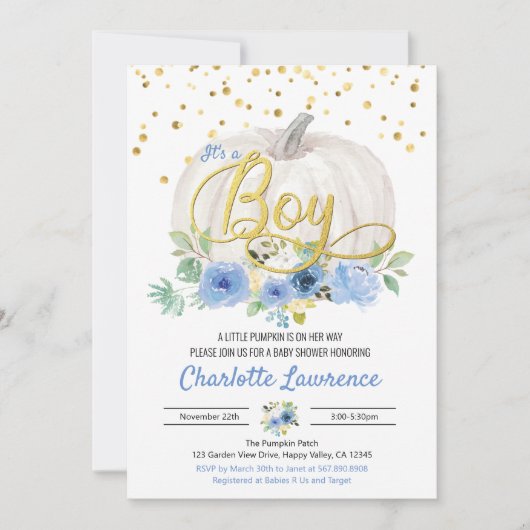 Pumpkin Het is een Baby shower-blauwe uitnodiging (Voorkant)