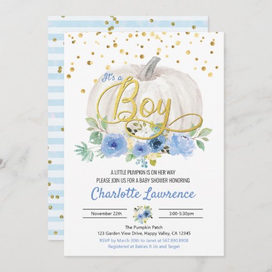 Pumpkin Het is een Baby shower-blauwe uitnodiging (Voorkant / Achterkant)