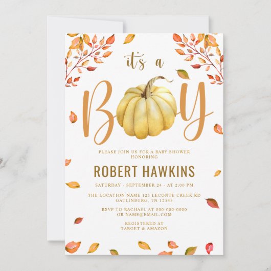 Pumpkin Het is een Baby shower. Kaart (Voorkant)