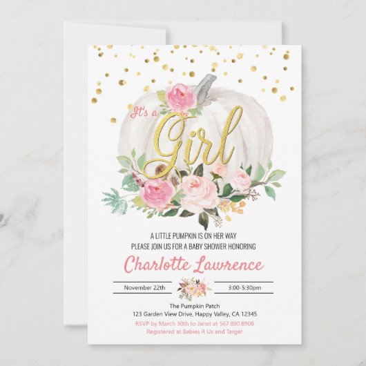 Pumpkin Het is een Girl Baby shower Pink Uitnodigi (Voorkant)