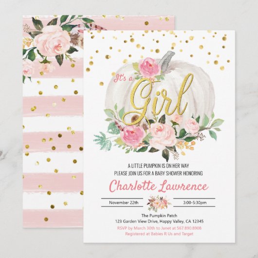 Pumpkin Het is een Girl Baby shower Pink Uitnodigi (Voorkant / Achterkant)