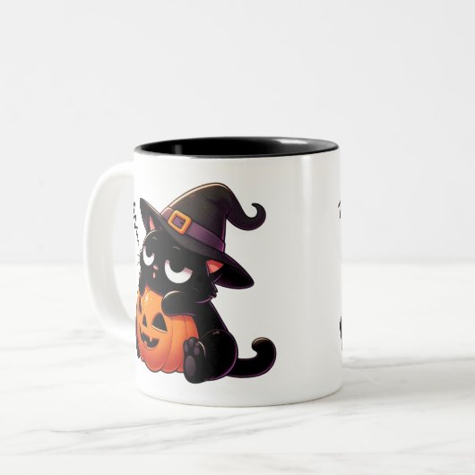 Pumpkin Hugging Witch Cat Halloween Mug | Two-Side Tweekleurige Koffiemok (Voorkant links)