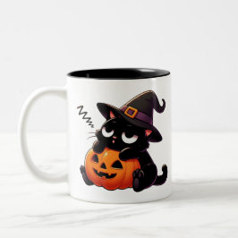 Pumpkin Hugging Witch Cat Halloween Mug | Two-Side Tweekleurige Koffiemok