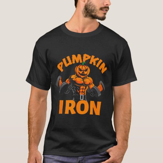 Pumpkin Iron Halloween Gym Workout Lifting Pun Fun T-shirt (Voorkant)