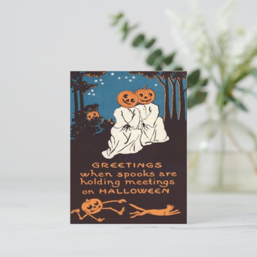 Pumpkin Jack O' Lantern Ghost Black Cat Tree Briefkaart (Staand voorkant)
