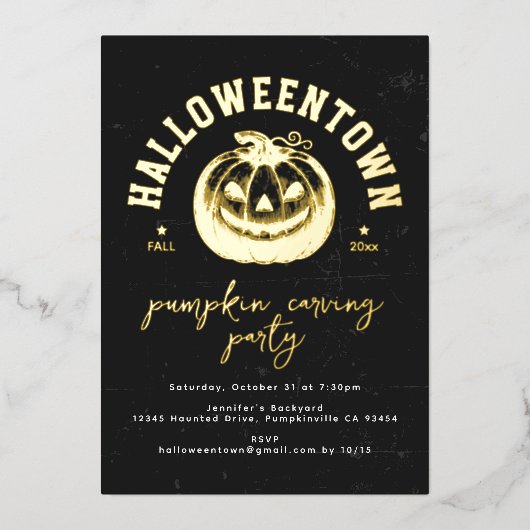 Pumpkin Jack O Lantern Halloween Party Gold Folie Uitnodiging (Voorkant)